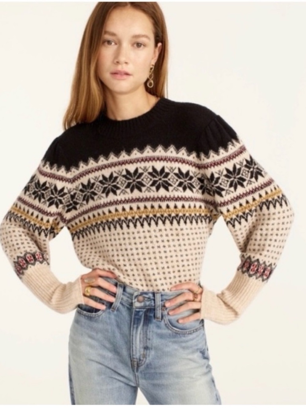 J. Crew Fair Isle Crewneck Sweater in Black and Cream with Mustard Accents small